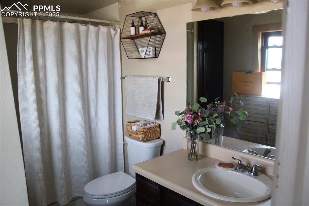 Image 14 of 26: Full bathroom featuring vanity and curtained shower