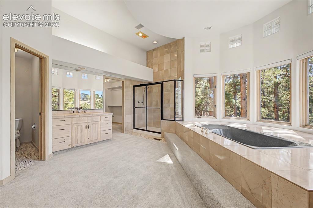 Image 27 of 50: Spacious bathroom featuring a built-in soaking tub with surround tiling, a