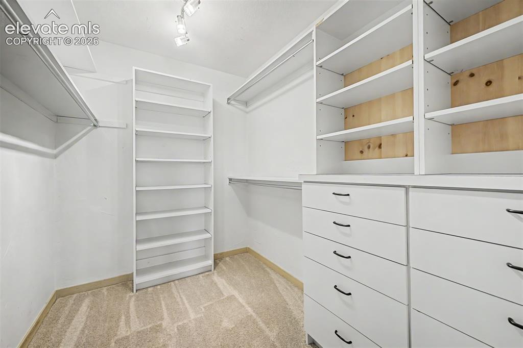 Image 29 of 50: Walk-in closet featuring built-in shelving, integrated drawers, and track l