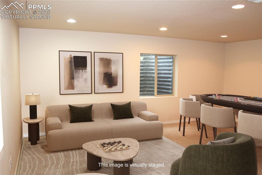 Image 29 of 46: Virtually Staged Basement Recreation Family Room