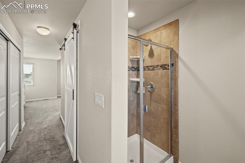 Image 18 of 36: Primary bathroom with stand alone shower and walk-in closet