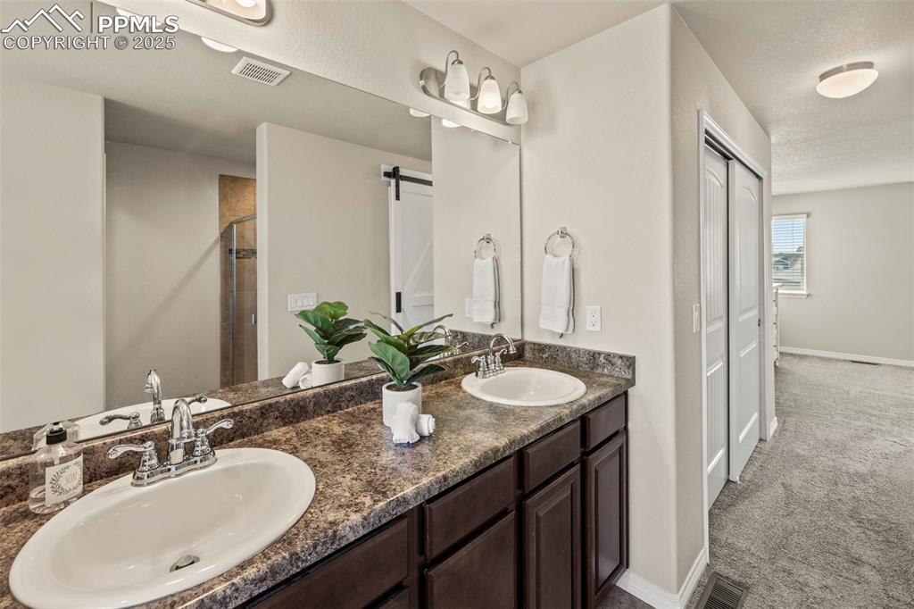 Image 19 of 36: Bathroom featuring a sink, baseboards, double vanity, and visible vents