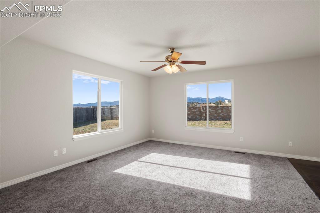Image 5 of 35: Spare room featuring plenty of natural light, carpet flooring, a mountain v