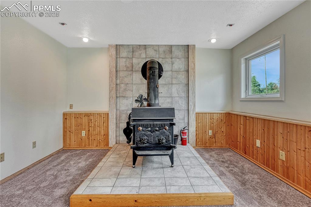 Image 24 of 48: Woodstove in walk-out basement family room
