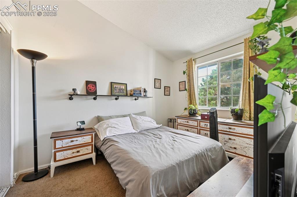 Image 17 of 27: Carpeted bedroom featuring lofted ceiling and a textured ceiling