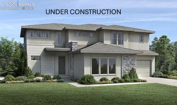 Caption: Prairie-style home with a front yard, driveway, concrete block siding, and stucco siding