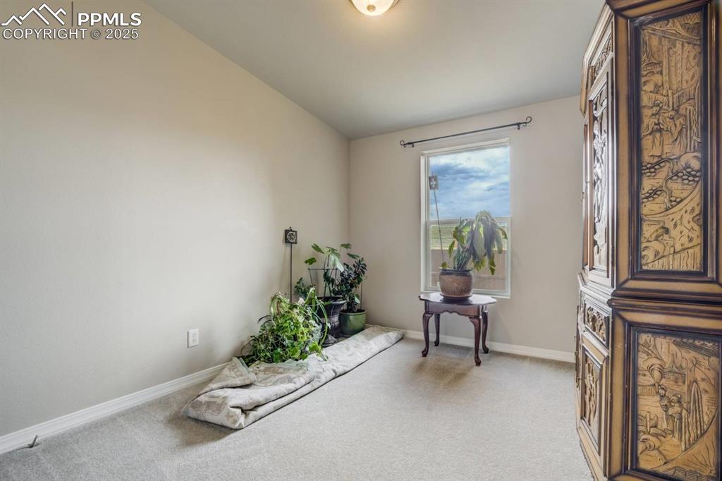 Image 18 of 35: Miscellaneous room with carpet flooring and vaulted ceiling