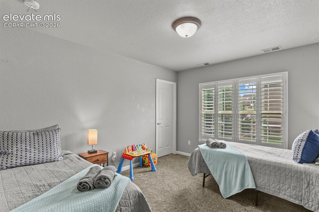 Image 31 of 47: Bedroom featuring neutral wall paint, textured carpet flooring, a ceiling-m