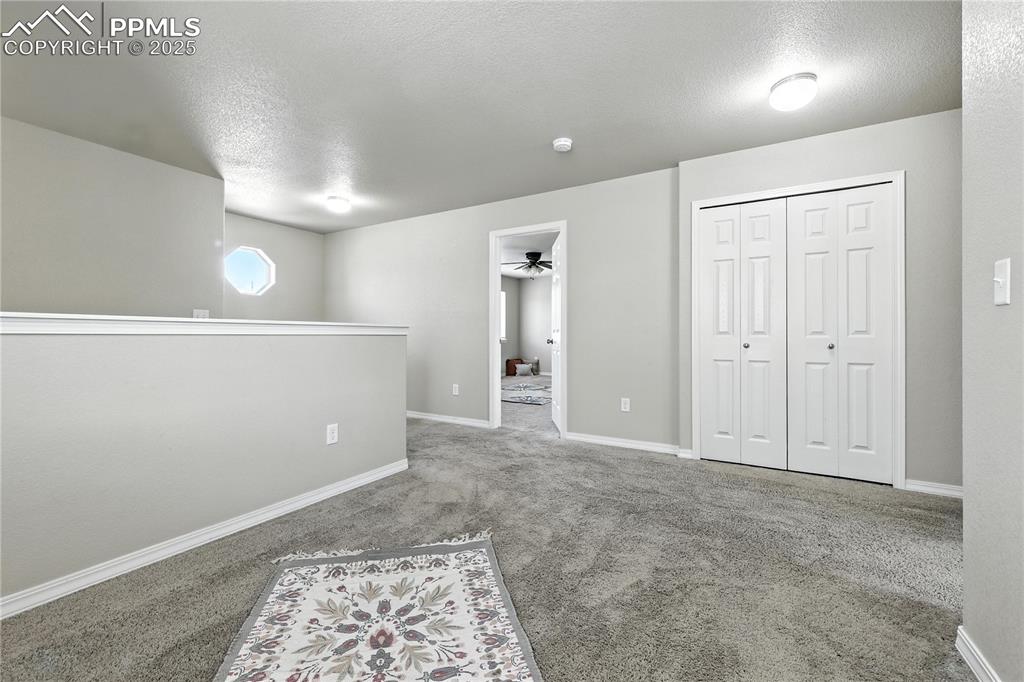 Image 17 of 46: Below grade area with a ceiling fan, carpet, and a textured ceiling