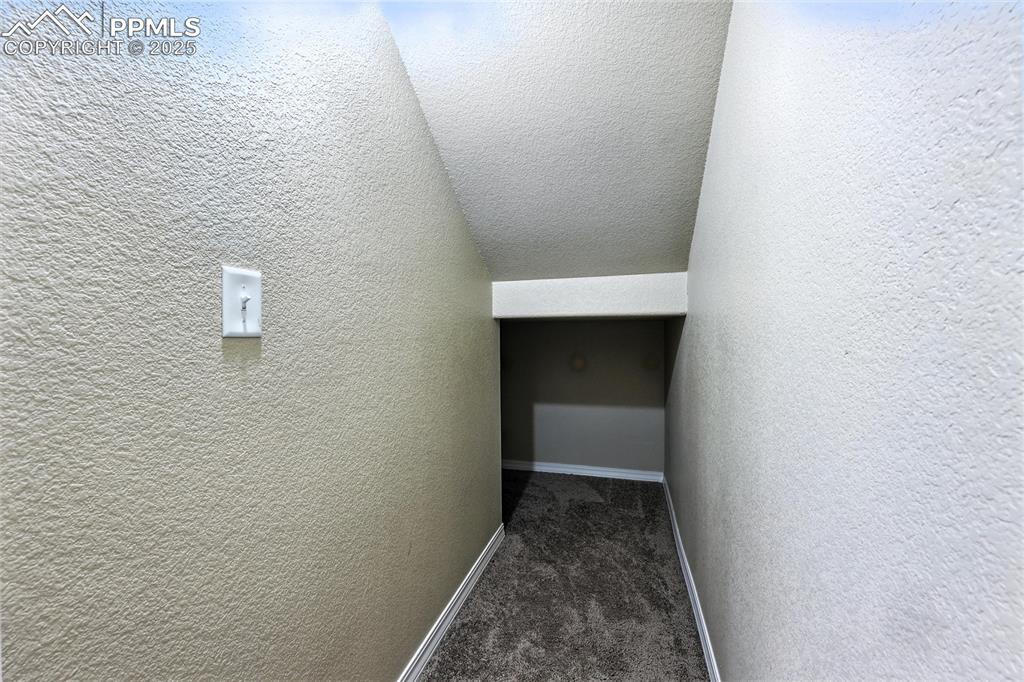 Image 30 of 46: Hall with dark carpet and a textured wall