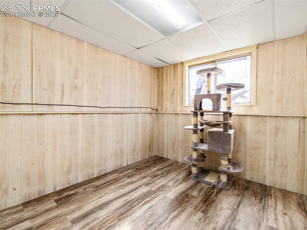 Image 12 of 30: Below grade area featuring wood walls, a paneled ceiling, and wood finished