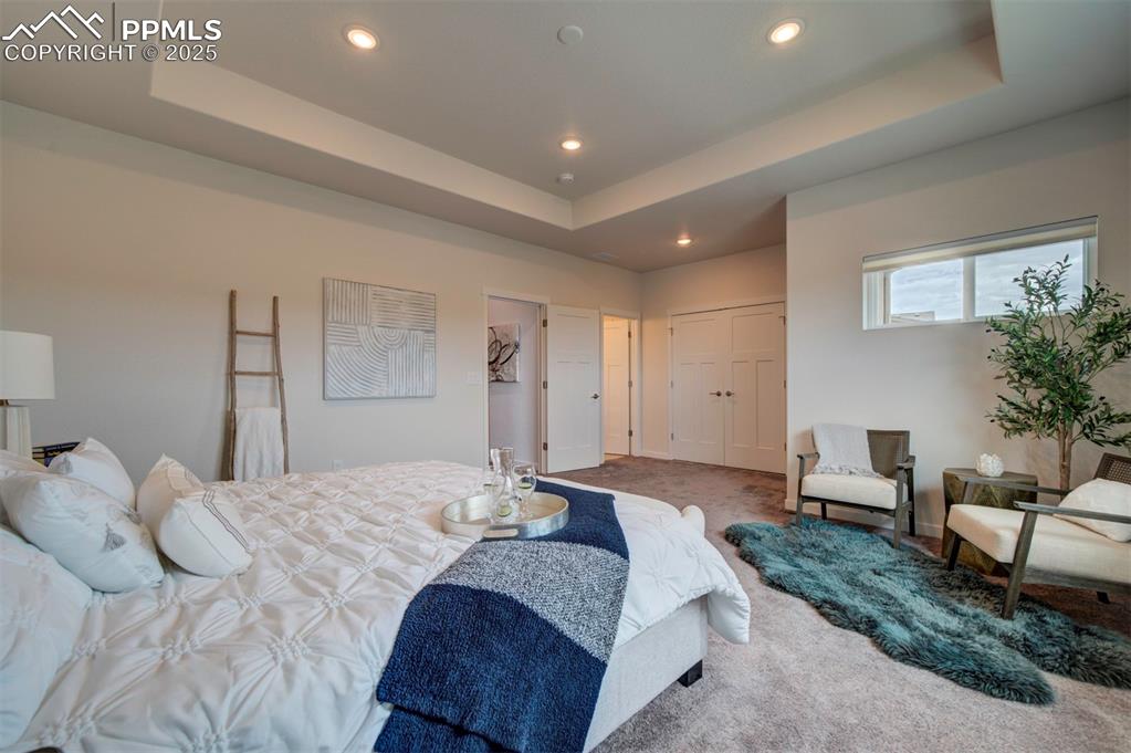 Image 24 of 42: Primary bedroom has tray ceiling.