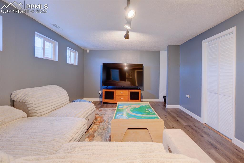 Image 20 of 35: Living room featuring light wood-type flooring and rail lighting