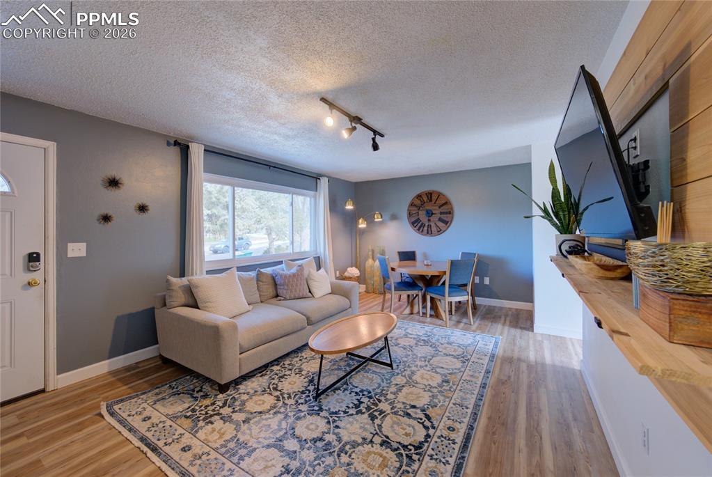 Image 3 of 35: Living area featuring rail lighting, light wood-style floors, and a texture