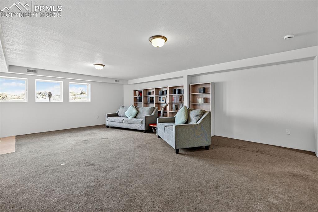 Image 35 of 50: Carpeted living room featuring a textured ceiling (basement)