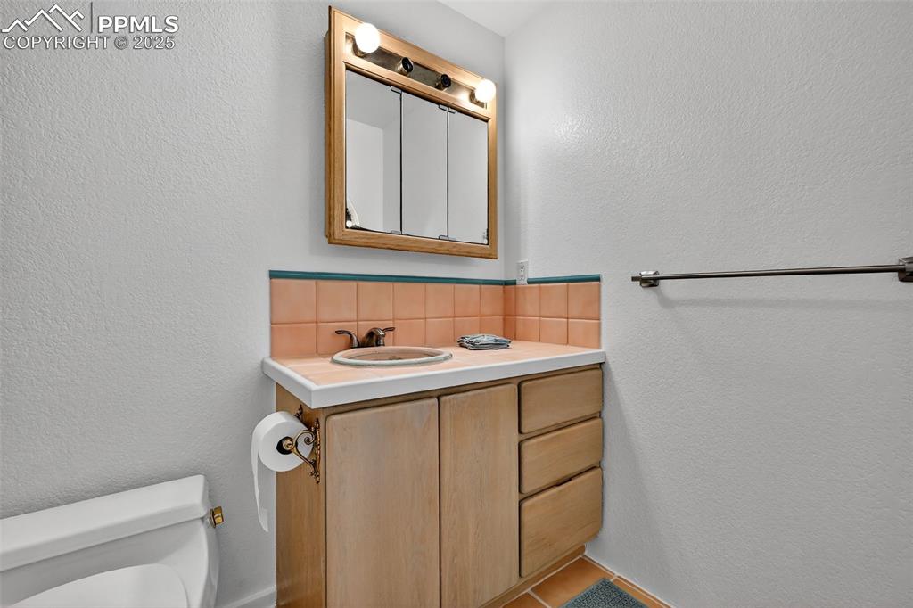 Image 44 of 50: basement bathroom featuring a textured wall, tasteful backsplash, and vanit
