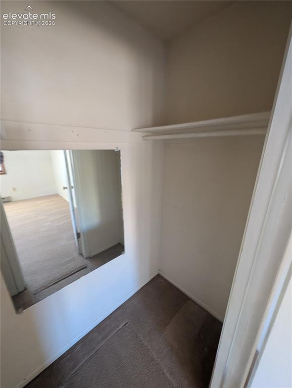 Image 17 of 30: Built-in closet shelving and hanging rod with carpet flooring