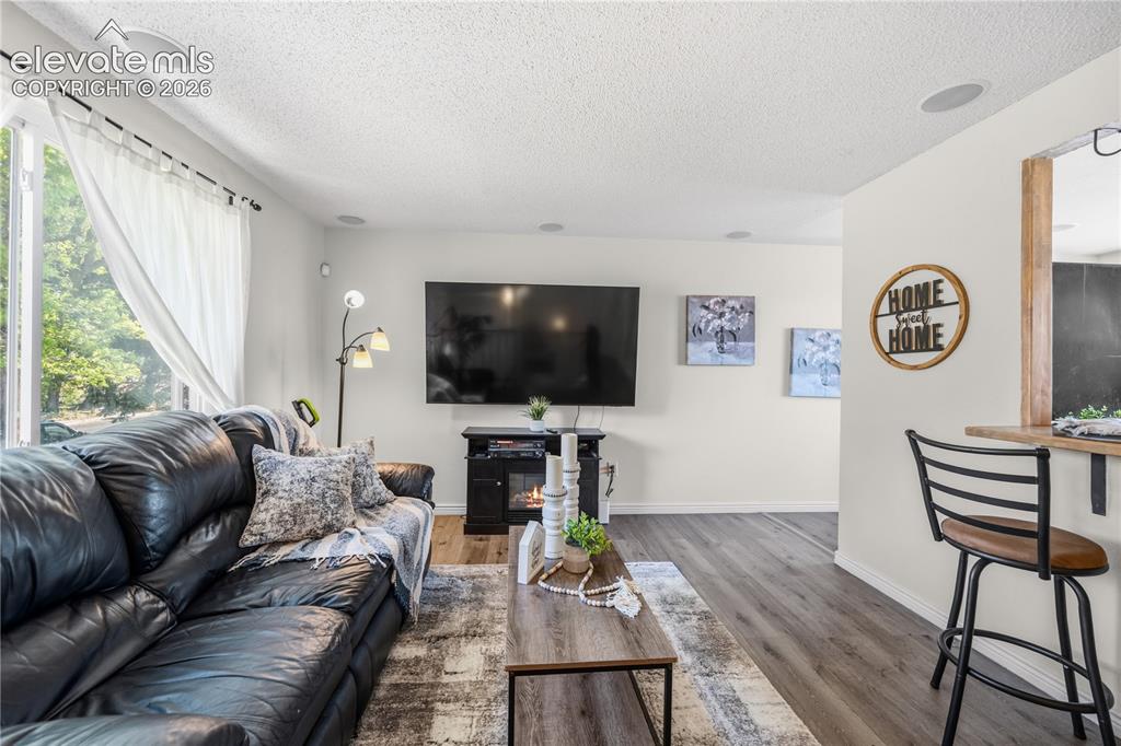 Image 6 of 31: Living Room with pass thru to Kitchen and Breakfast Bar.