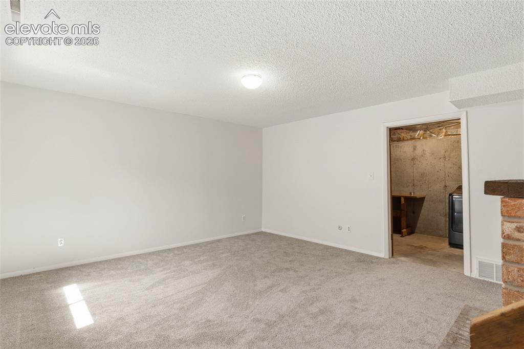 Image 19 of 31: Basement Family Room w/ wood burning fireplace