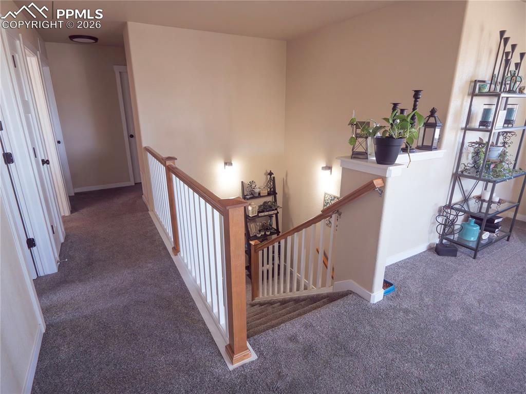 Image 15 of 32: Hall featuring an upstairs landing and carpet flooring