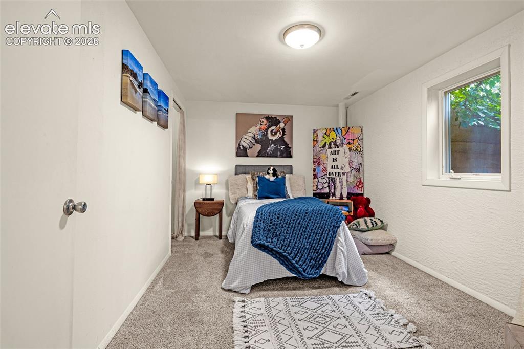 Image 28 of 38: Carpeted interior room featuring a single window, white trim, and a flush-m