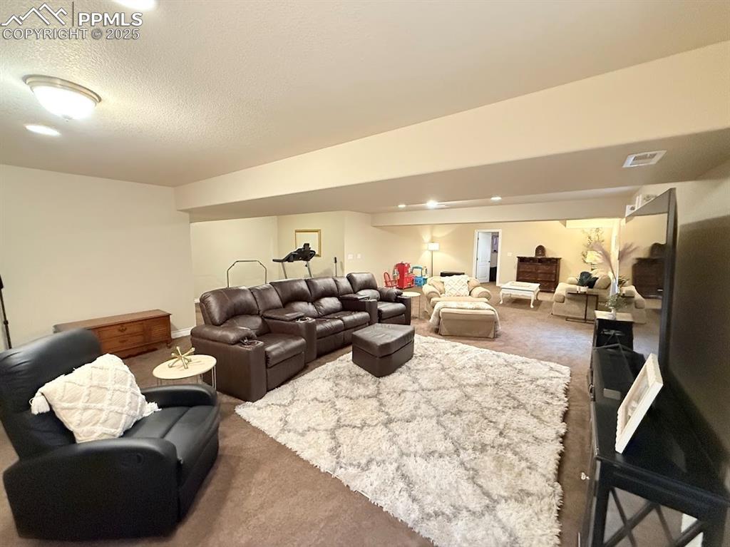 Image 17 of 40: Carpeted living area featuring a textured ceiling, baseboards, and visible