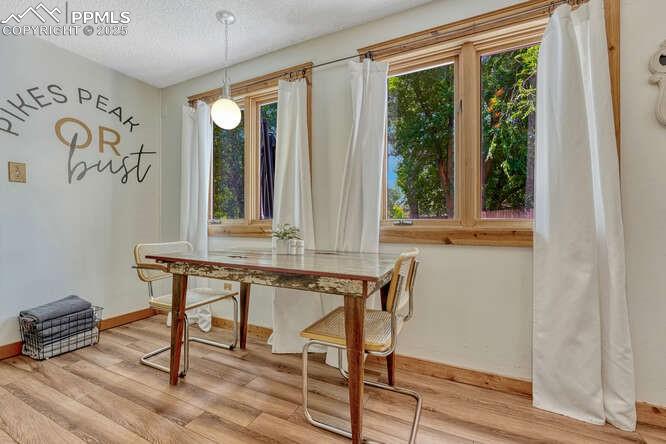 Image 39 of 48: STR portion: Dining space with wood finished floors and a textured ceiling