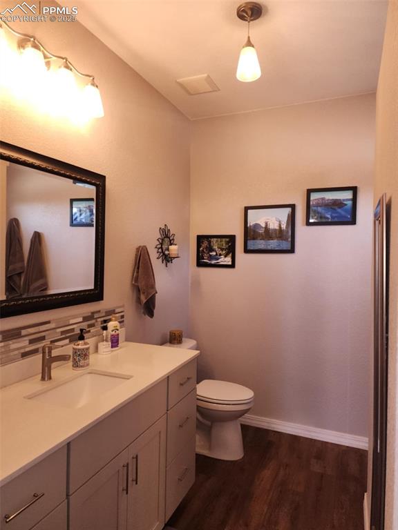 Image 18 of 47: Bathroom featuring dark wood-style flooring, vanity, and decorative backspl