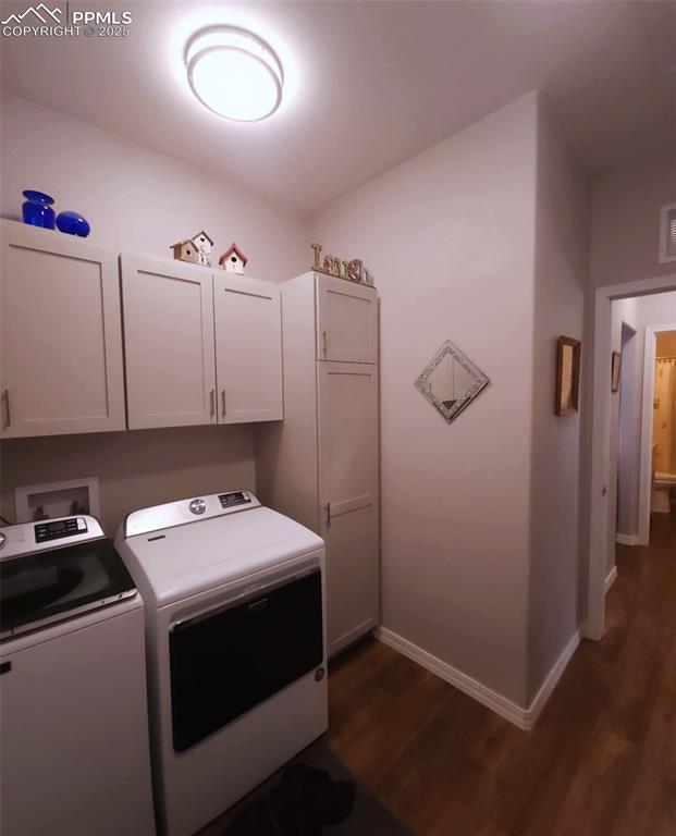 Image 26 of 47: Laundry area featuring dark wood-style flooring, washing machine and clothe