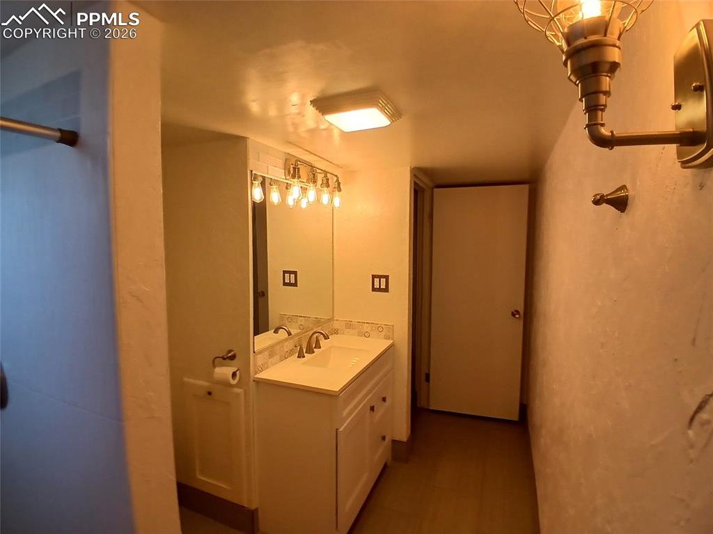 Image 47 of 49: Basement 3/4 bathroom featuring tile floors and large vanity