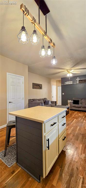 Image 15 of 48: Kitchen with open floor plan, pendant lighting, light wood finished floors,