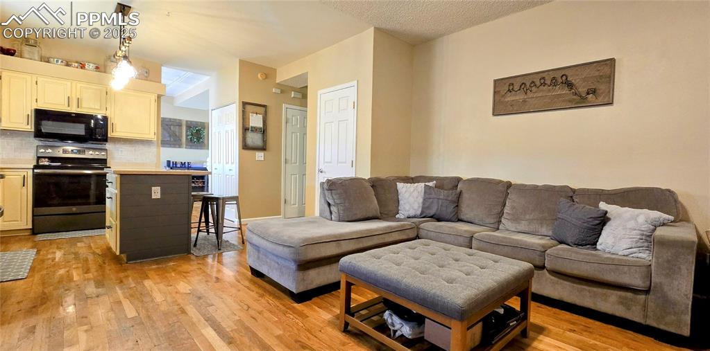 Image 21 of 48: Living room with light wood finished floors and a textured ceiling