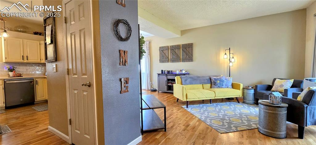 Image 6 of 48: Living room with light wood finished floors, a textured ceiling, and a text