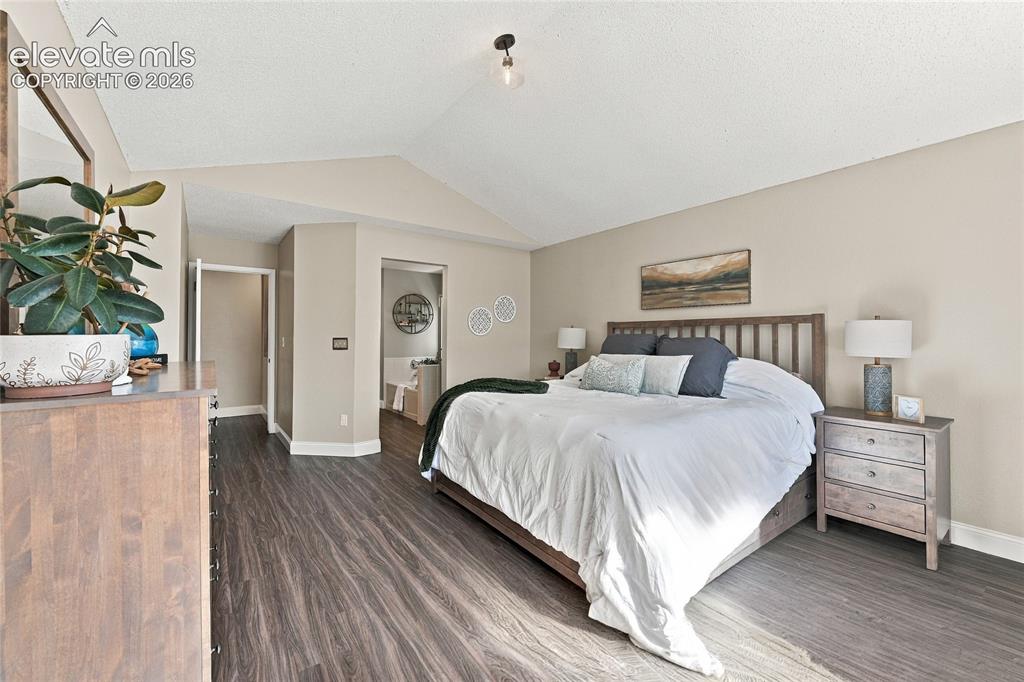 Image 19 of 45: Vaulted ceiling with an attached light fixture, wood look vinyl plank floor