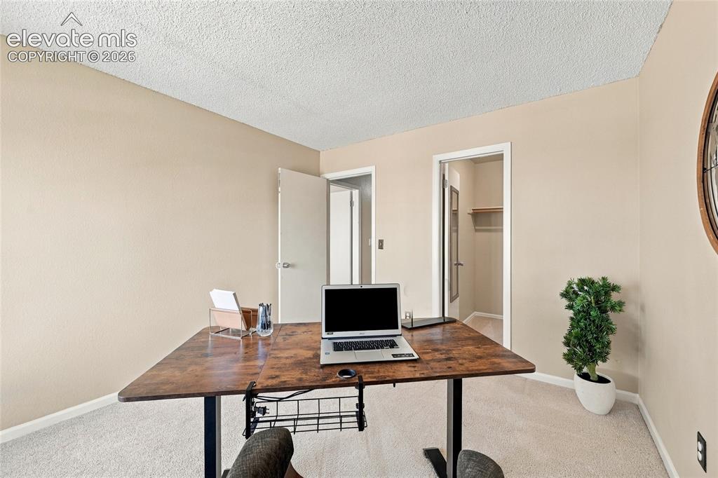 Image 30 of 45: Neutral paint tones, textured ceiling, light-toned carpeting, and a doorway