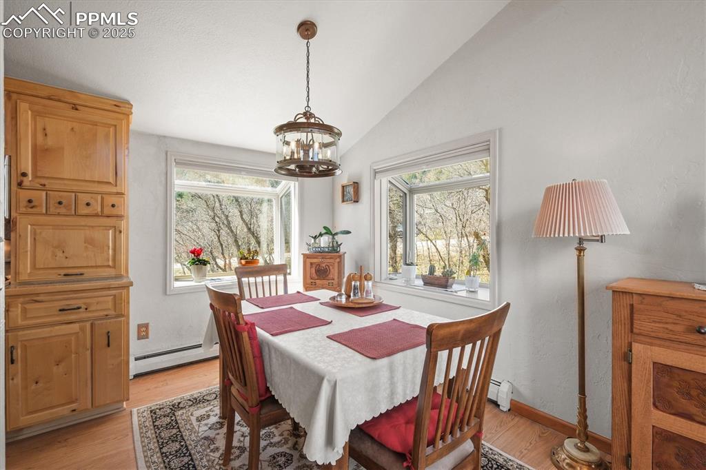 Image 14 of 49: Dining room with baseboard heating, vaulted ceiling, a chandelier, and plen