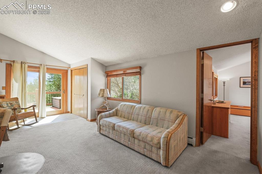 Image 21 of 49: Office featuring baseboard heating, vaulted ceiling, carpet flooring, and a