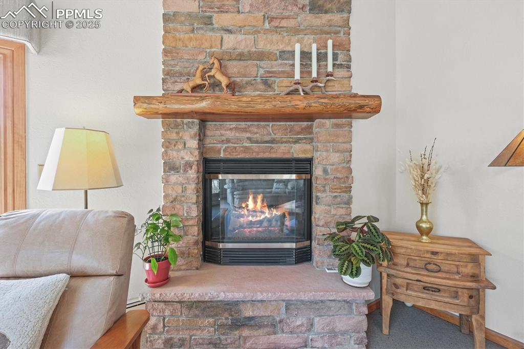 Image 8 of 49: Room details with a glass covered fireplace, carpet flooring, and baseboard