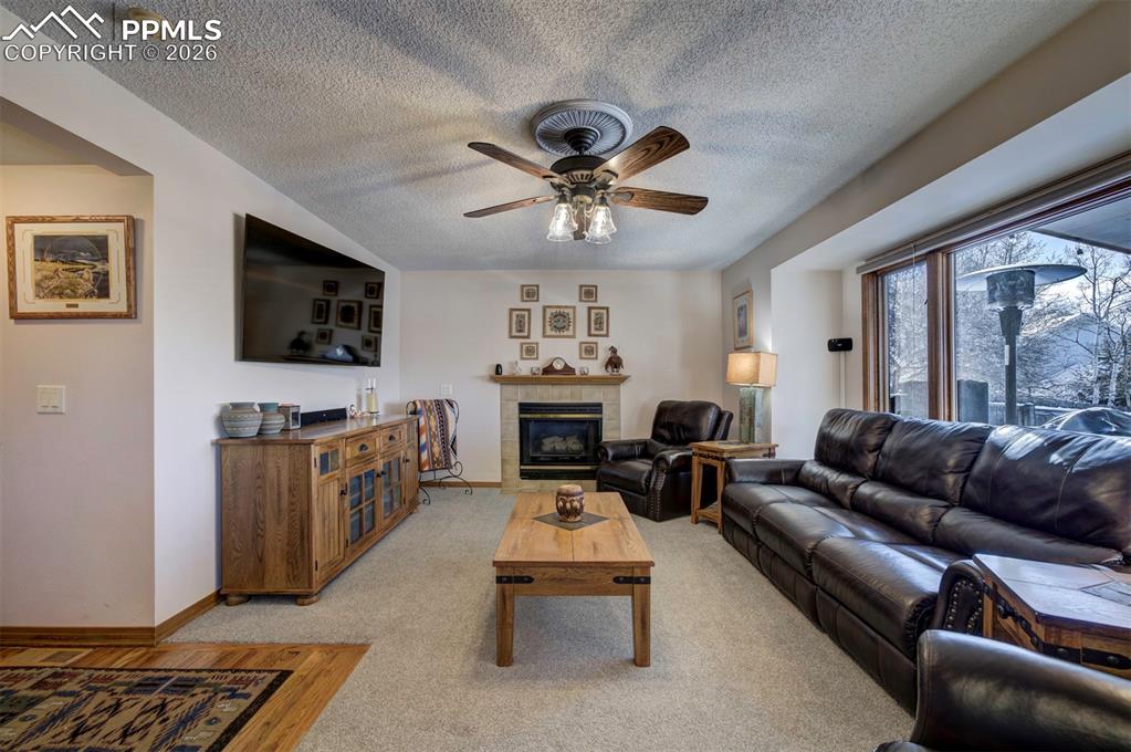 Image 14 of 38: Large newly carpeted living room with gas fireplace, ceiling fan, and large