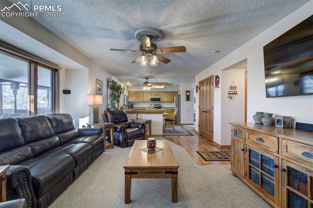 Image 15 of 38: Large newly carpeted living room with gas fireplace, ceiling fan, and large