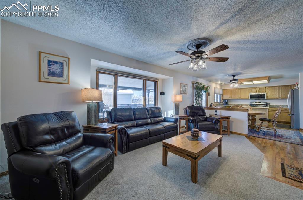 Image 16 of 38: Large newly carpeted living room with gas fireplace, ceiling fan, and large
