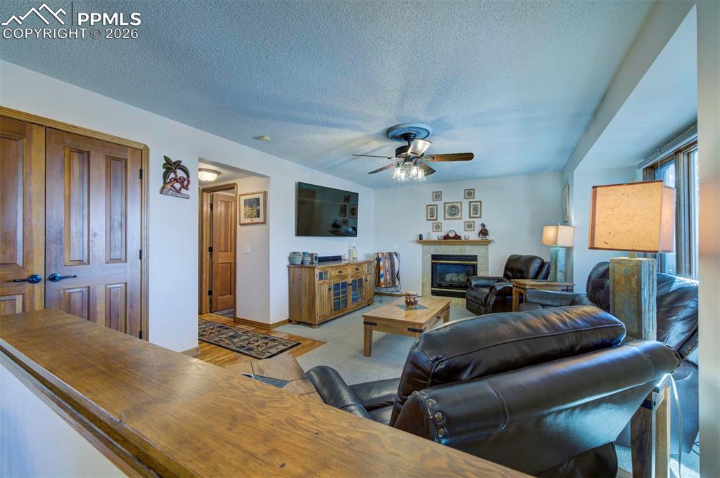 Image 17 of 38: Large newly carpeted living room with gas fireplace, ceiling fan, and large