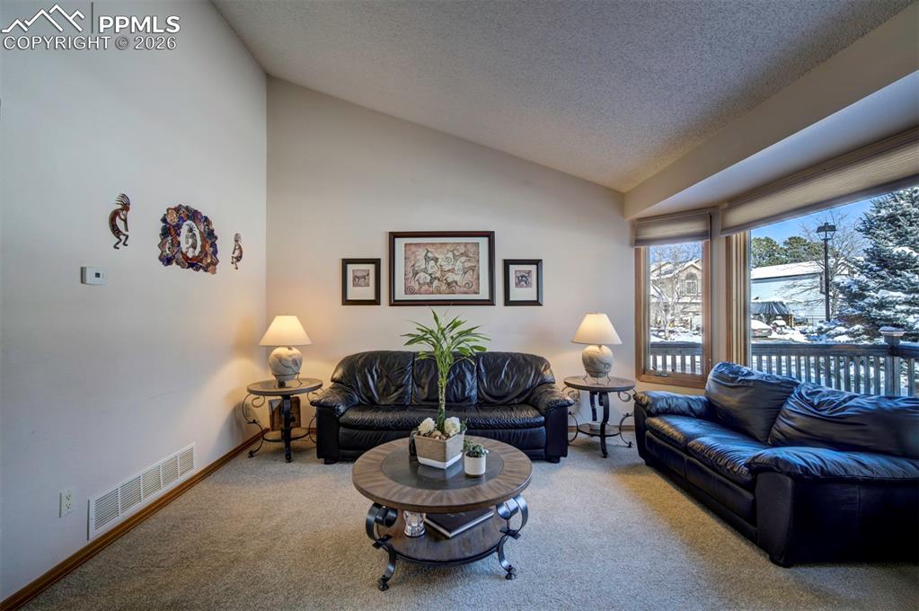 Image 5 of 38: Wood floor entrance to newly carpeted living room. Large front window allow