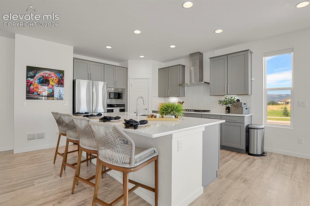 Image 11 of 44: Stainless steel appliances, quartz counters and walk in pantry make this ki