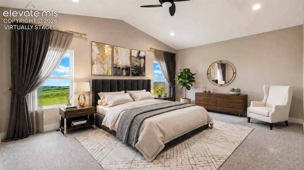 Image 20 of 40: Virtually Staged Spacious interior featuring a vaulted ceiling and dual pan