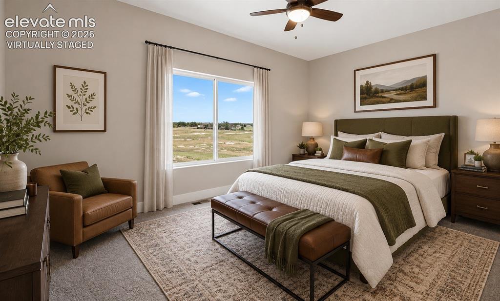 Image 24 of 40: Virtually Staged Spacious bedroom featuring light neutral wall tones, a cei
