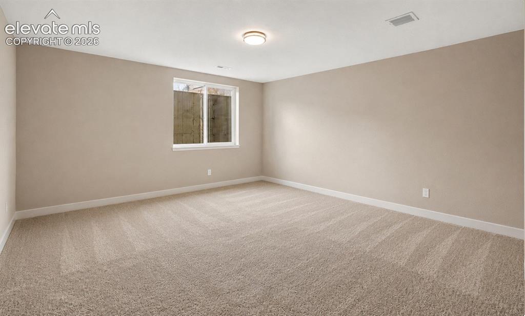 Image 38 of 40: Spacious room featuring neutral-toned carpeting, light beige wall paint, a