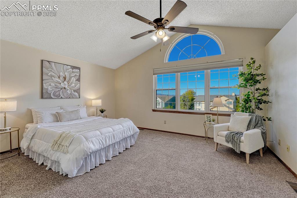 Image 9 of 48: Primary bedroom with a vaulted ceiling, ceiling fan, and walk-in closet. W