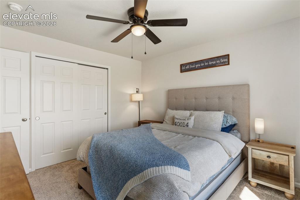 Image 23 of 33: Carpeted bedroom featuring white walls, a multi-panel bifold closet door, a