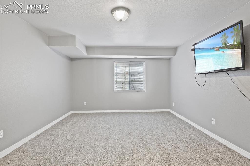 Image 29 of 45: Below grade area with baseboards, carpet floors, and a textured ceiling